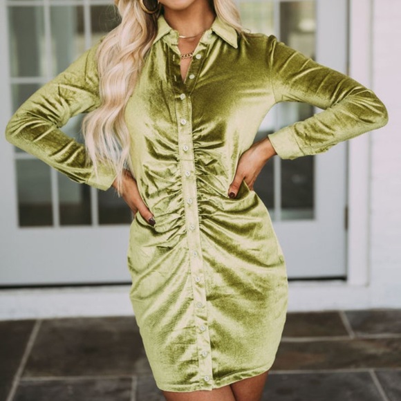 Velour Button Down Dress Green - Picture 1 of 5